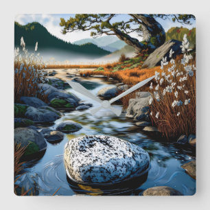 Serene Mountain Stream Wall Square Wall Clock
