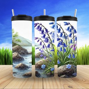 Serene Mountain Stream with Blooming Bluebells Thermal Tumbler