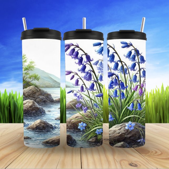 Serene Mountain Stream with Blooming Bluebells Thermal Tumbler (Creator Uploaded)