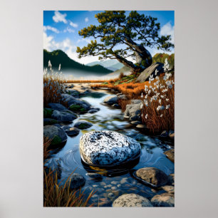 Serene Mountain Stream with Pine Tree Nature Art Poster