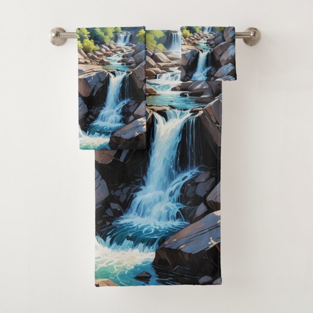 Serene Mountain Waterfall Landscape Bath Towel Set (Insitu)