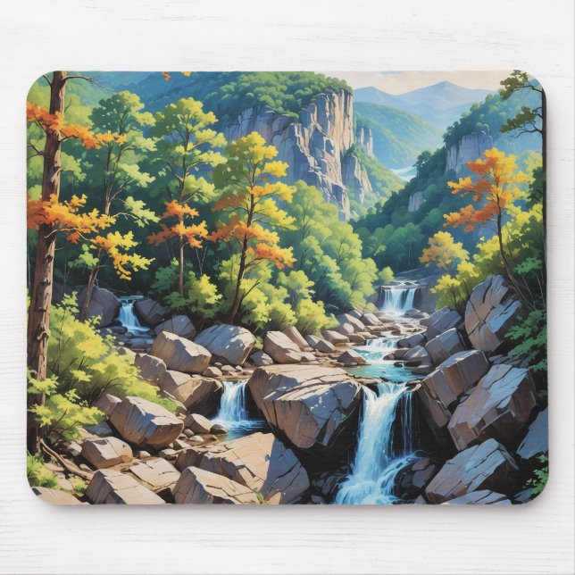 Serene Mountain Waterfall Landscape Mouse Pad (Front)