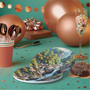 Serene Mountain Waterfall Landscape Paper Plate