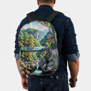 Serene Mountain Waterfall Landscape Printed Backpack