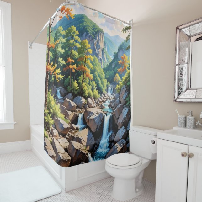 Serene Mountain Waterfall Landscape Shower Curtain (In Situ)