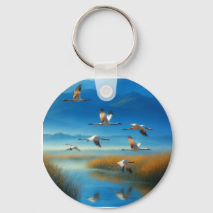 Serene Nature Lake Scene with Flying Crane Key Ring