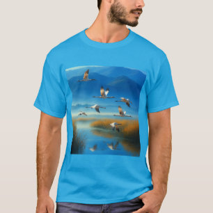 Serene Nature Lake Scene with Flying Crane T-shirt