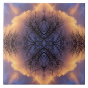 Serene Nature Tree Branches and Clouds Mandala Ceramic Tile