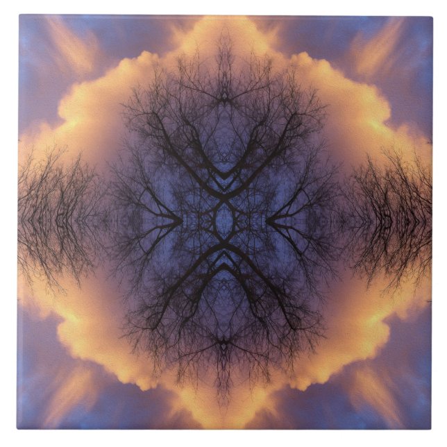 Serene Nature Tree Branches and Clouds Mandala Ceramic Tile (Front)