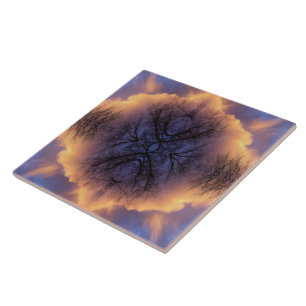 Serene Nature Tree Branches and Clouds Mandala Ceramic Tile