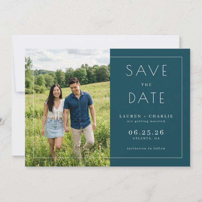 Serene Navy Minimalist Photo Save The Date (Front)