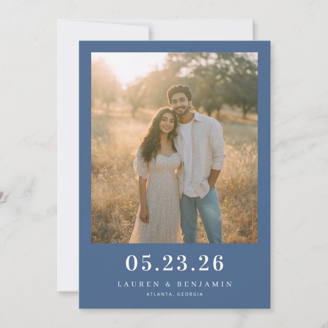 Serene Navy Naturalistic Photo Save The Date (Front)
