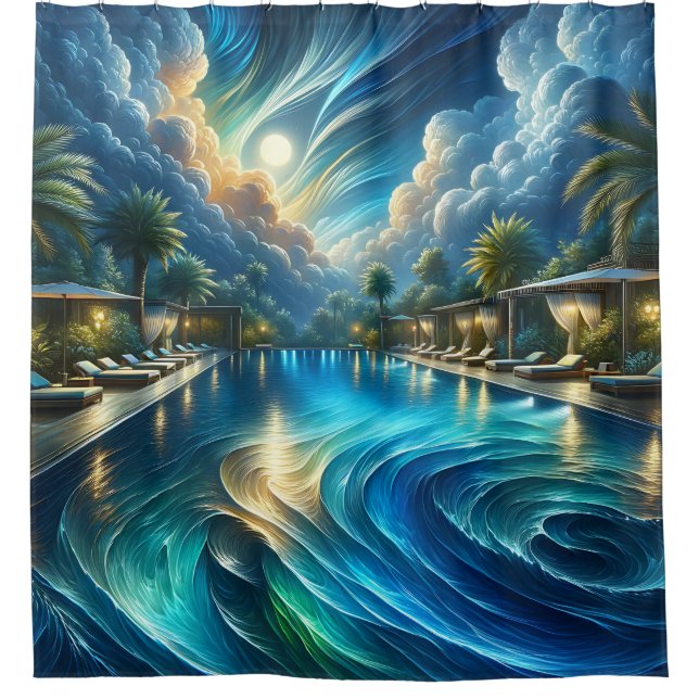 “Serene Night Pool Scene - Vibrant Outdoor Art” Shower Curtain (Front)