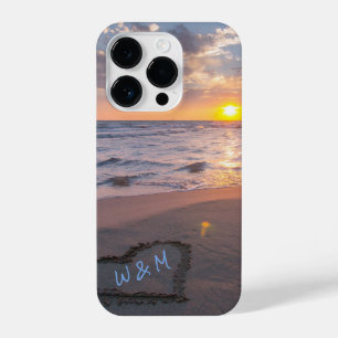 Serene Ocean Sunset Heart Beach Initials iPhone 14 Pro Case