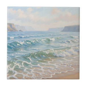 Serene Ocean Waves Crashing Sandy Beach Coastal Ceramic Tile