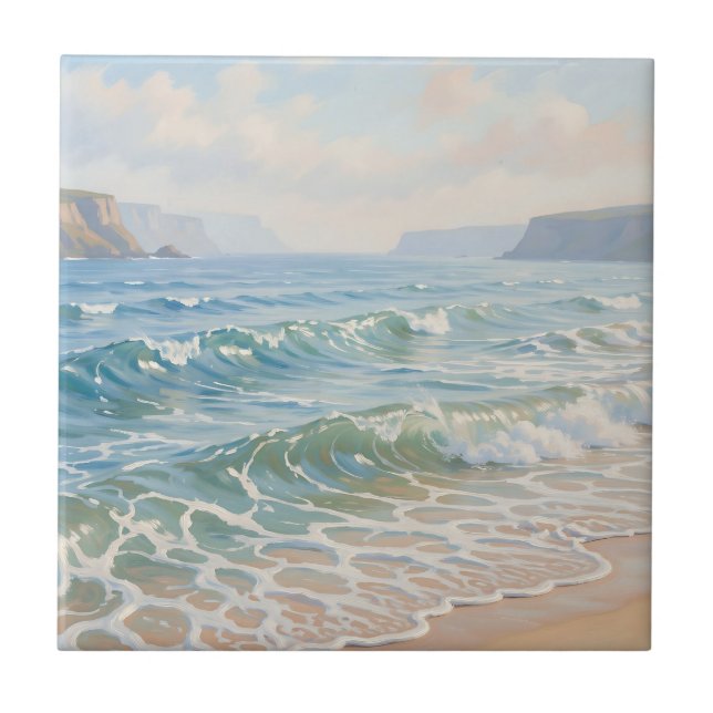 Serene Ocean Waves Crashing Sandy Beach Coastal  Ceramic Tile (Front)