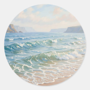 Serene Ocean Waves Crashing Sandy Beach Coastal  Classic Round Sticker