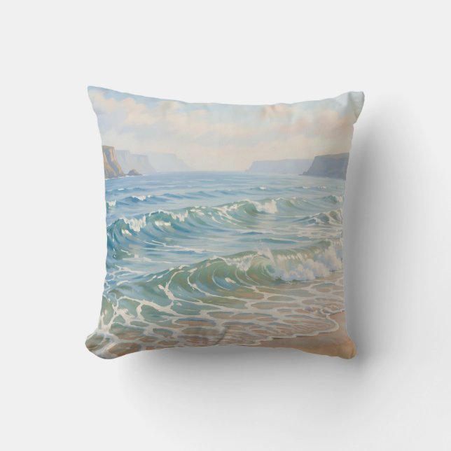 Serene Ocean Waves Crashing Sandy Beach Coastal  Cushion (Front)