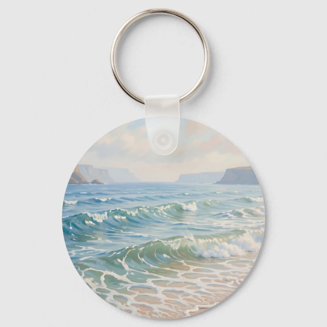 Serene Ocean Waves Crashing Sandy Beach Coastal  Key Ring (Front)