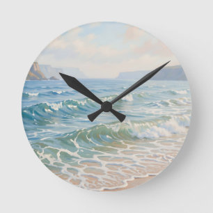 Serene Ocean Waves Crashing Sandy Beach Coastal Round Clock
