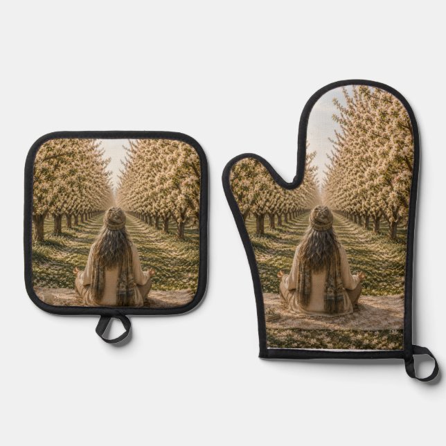 Serene Orchard Oven Mitt & Pot Holder Set | Romant (Front)
