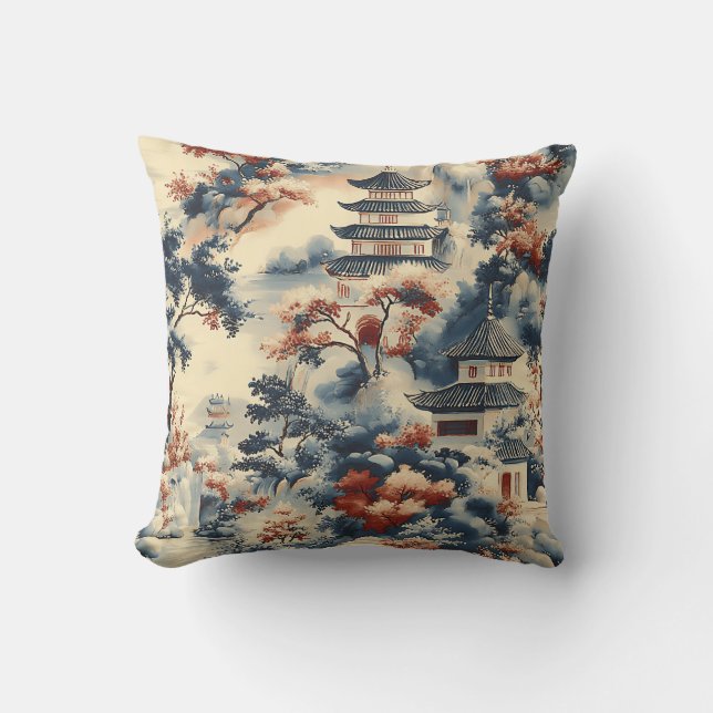 Serene Pagodas in a Mountainous Landscape Cushion (Front)