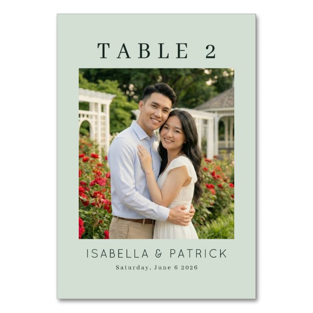Serene Pastel Green Elegant Photo Table Number (Front)