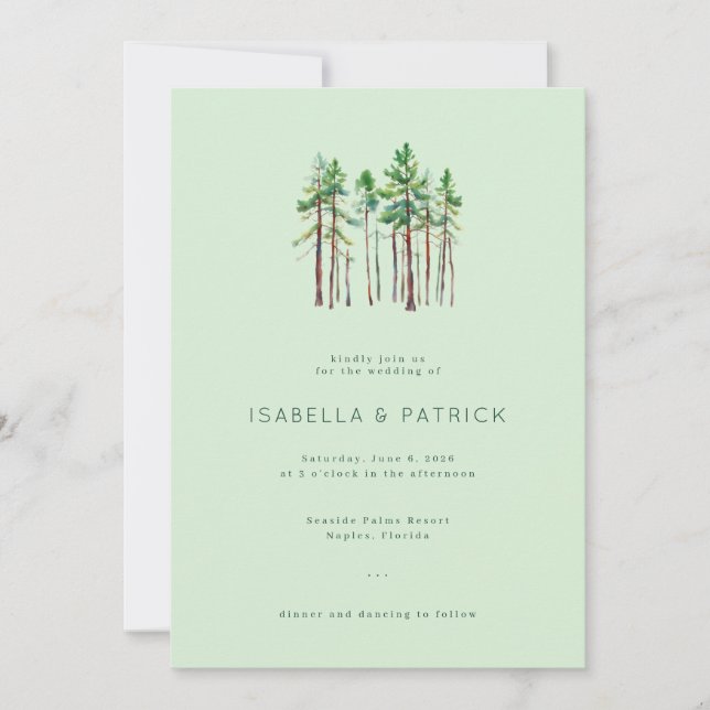 Serene Pastel Green Watercolor Pine Trees Invitation (Front)