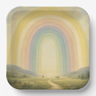 Serene Pastel Rainbow Arch Country Meadow Paper Plate