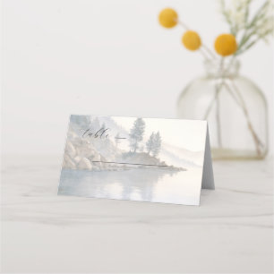 Serene Pastel Watercolor Lakeside Scene Place Card