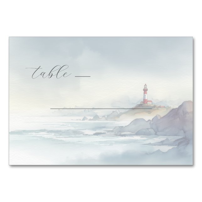 Serene Pastel Watercolor Lighthouse Table Number (Front)