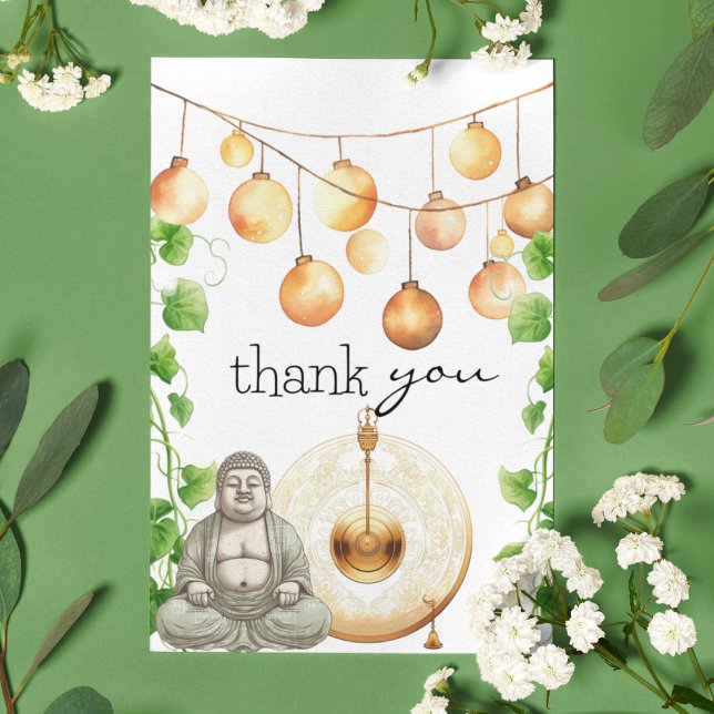 Serene | Peaceful | Budha Statue and Greenery Thank You Card (Cute Budha on customizable greeting card with greenery and garden lights. )