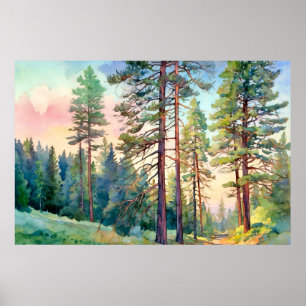 Serene Pine Forest Watercolor Art Print 