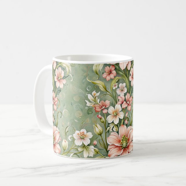 Serene Pink and White Flowers on Sage Coffee Mug (Front Left)