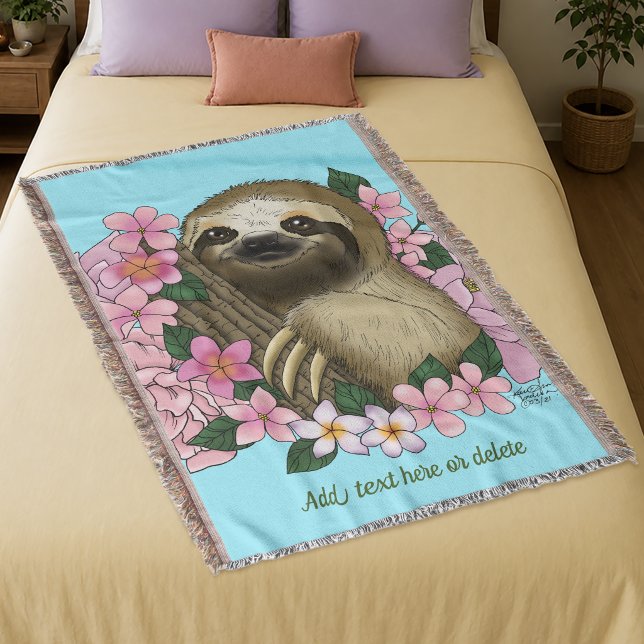 Serene Pink Lighthearted Sloth Floral Throw Blanket (Creator Uploaded)