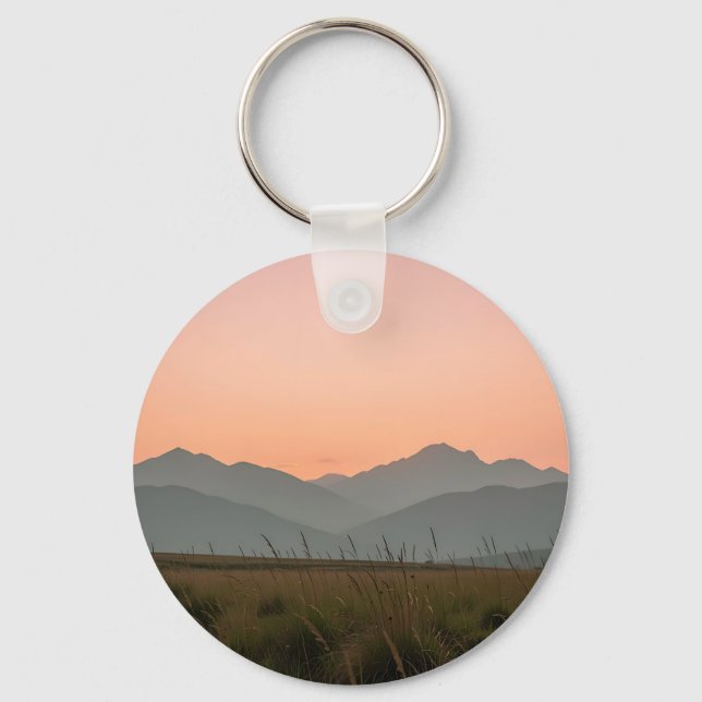 Serene Pink Sunset Mountains Wild Grass Landscape  Key Ring (Front)