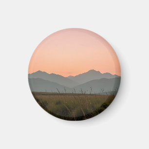 Serene Pink Sunset Mountains Wild Grass Landscape Magnet