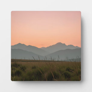 Serene Pink Sunset Mountains Wild Grass Landscape Plaque