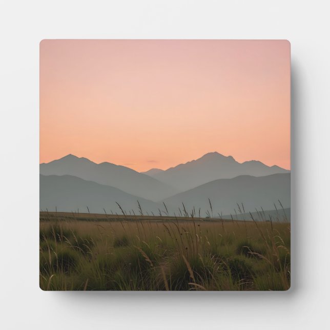 Serene Pink Sunset Mountains Wild Grass Landscape  Plaque (Front)