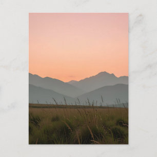 Serene Pink Sunset Mountains Wild Grass Landscape Postcard