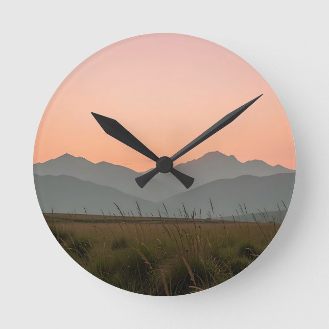 Serene Pink Sunset Mountains Wild Grass Landscape  Round Clock (Front)