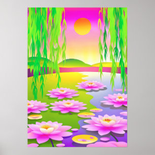 Serene Pond with Pink Water Lilies at Sunset Poster