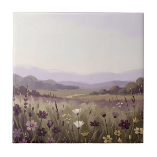 Serene Purple Wildflower Meadow Rolling Hills Ceramic Tile