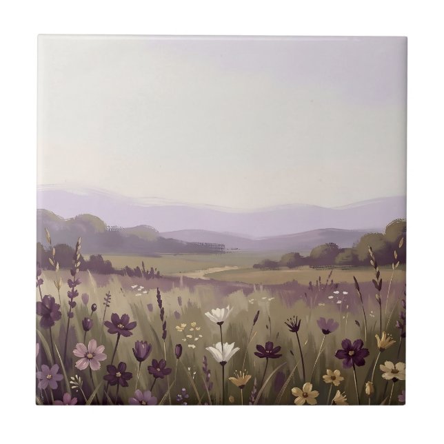 Serene Purple Wildflower Meadow Rolling Hills  Ceramic Tile (Front)