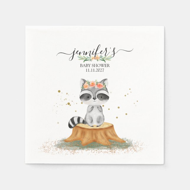 Serene Raccoon Forest Baby Party Napkin (Front)