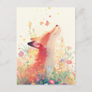 Serene Red Fox in Colourful Wildflower Meadow Postcard
