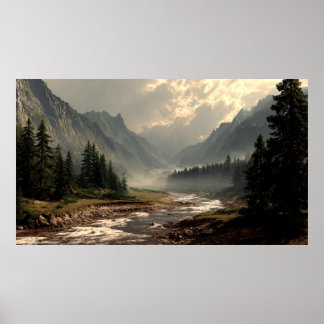 Serene River Flowing Through Mountain Hill Valley Poster