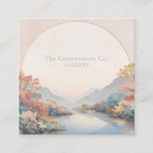 Serene River Landscape Gold Circle Autumnal Floral Square Business Card