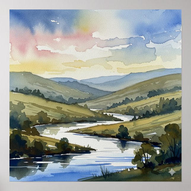Serene River Landscape Watercolor Poster (Front)