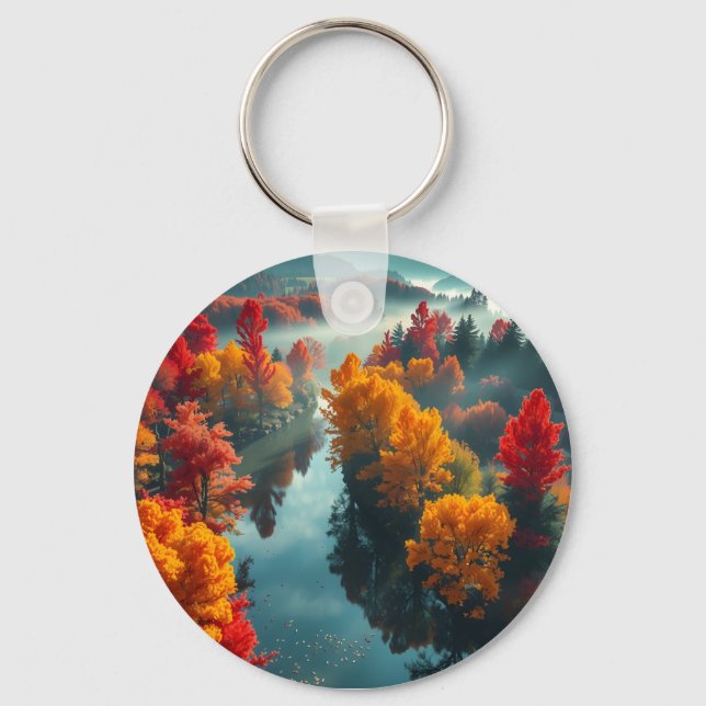 Serene River Shore Reflection Nature Art Key Ring (Front)